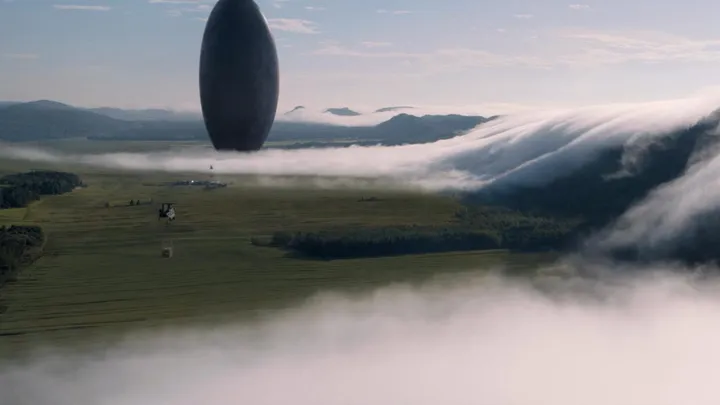 Scene from Arrival depicting the orb-like ship. Source: TMDB